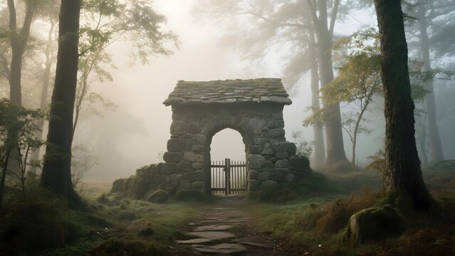 Stone Archway in a Misty Forest - Powered by Adobe