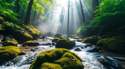 Sunlight streaming through dense forest canopy onto a clear mossy riverbed creating a magical woodland stream view