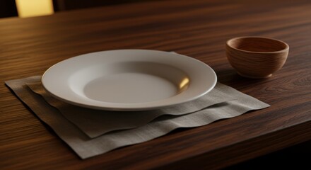 Table with an empty white plate on linen, and a small wooden bowl, softly lit