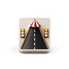 Miniature road scene with traffic lights and tent silhouette