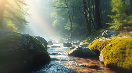 Soft golden sun rays illuminating a forest river with mossy stones and clear flowing water creating a tranquil woodland escape
