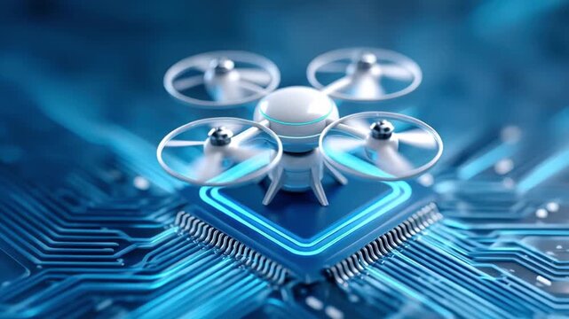 Compact ai chip module powers futuristic drone flying above circuit board technology modern lab with glass beakers and sleek platform for advanced
