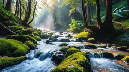Serene forest stream flowing gently over moss-covered rocks with morning sunlight filtering through tall trees in a peaceful woodland landscape
