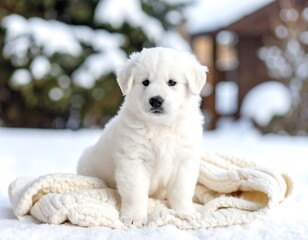 Fluffy white puppy in snow