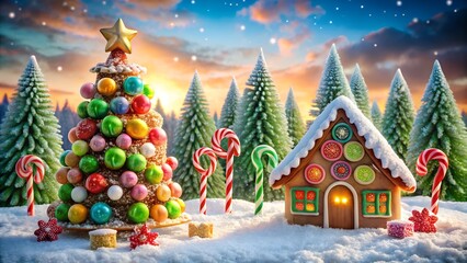 Photo of whimsical christmas scene with a colorful, decorated tree and a gingerbread house, surrounded by candy canes and festive ornaments in a snowy landscape