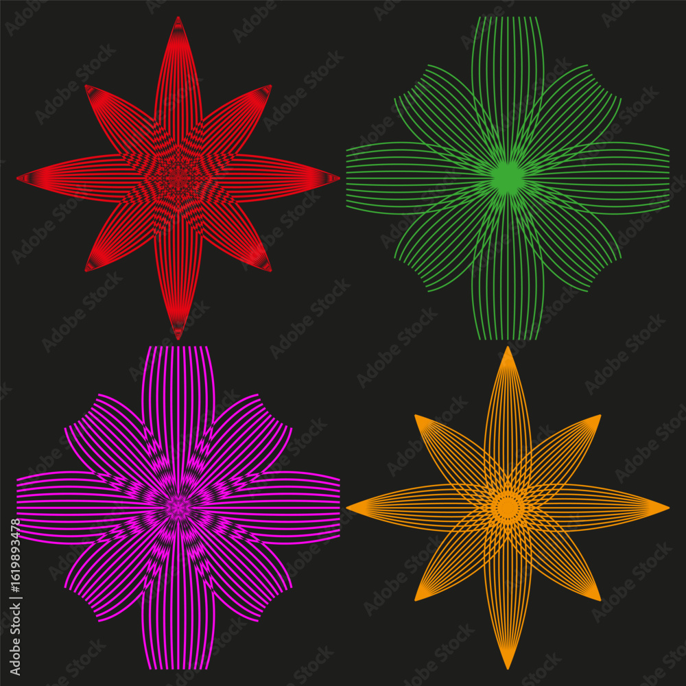 Poster geometric star shapes. vibrant color patterns. abstract vector elements. diverse ornamental collecti