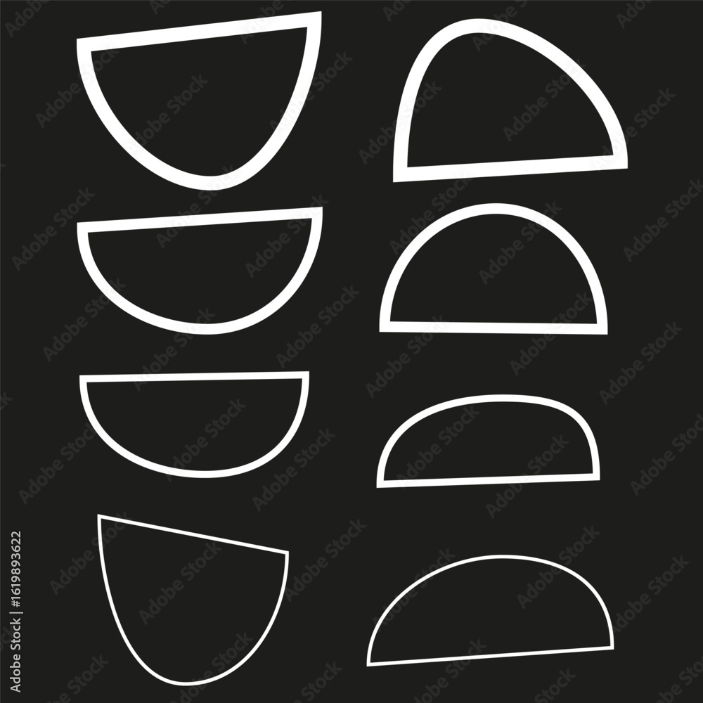 Poster semicircle contours set. abstract half shapes. white line vector. dark backdrop elements. eps 10.