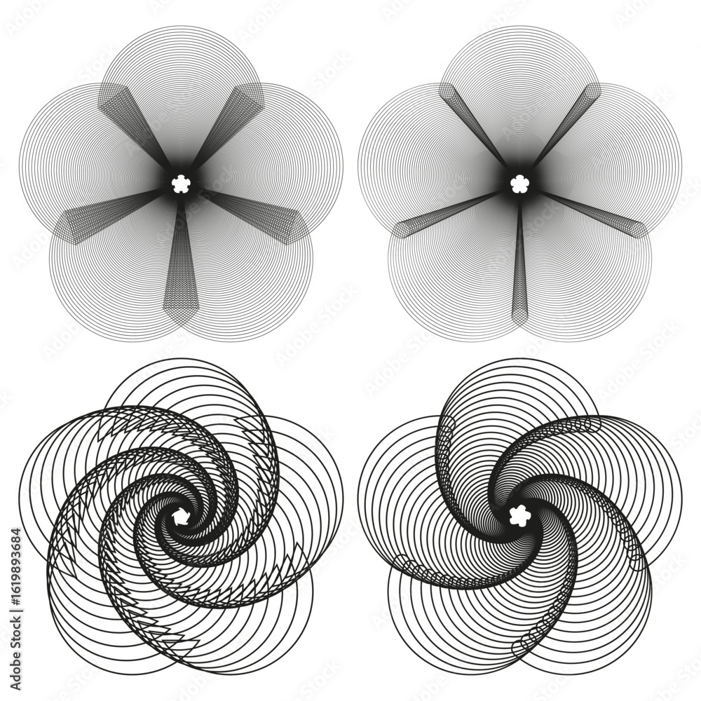 Poster geometric swirl shapes. abstract spiral pattern. dynamic line vector. optical illusion illustration.