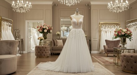 Elegant bridal boutique features a floor-length gown on a mannequin, surrounded by displays of more dresses, seating, and floral arrangements