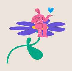 Women sitting on flowers. International Women's Day on March 8. Colorful vector illustration