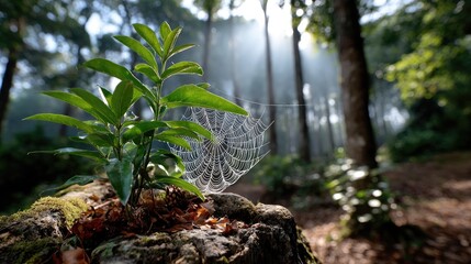 Obraz premium Spider web in forest with dew drops
