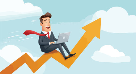 Obraz premium Cartoon businessman riding an upward pointing arrow with a laptop in the sky