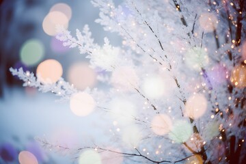 Christmas winter blurred background. wide screen holiday border, holiday festive background. Widescreen backdrop. New year Winter art design, Xmas tree with snow decorated with garland lights
