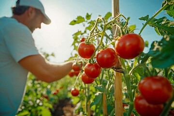 Organic tomatoes ready for summer harvest on the vine, perfect for banners, farm-to-table ads, or eco product branding.