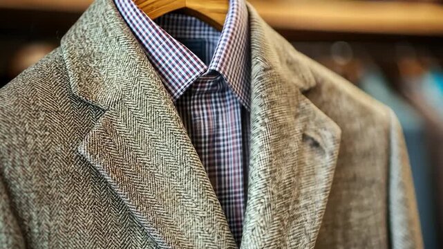 Beige and brown tweed jacket, with a plaid shirt underneath, on a wooden hanger in a store