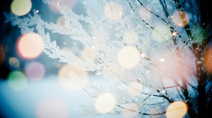Christmas winter blurred background. wide screen holiday border, holiday festive background. Widescreen backdrop. New year Winter art design, Xmas tree with snow decorated with garland lights
