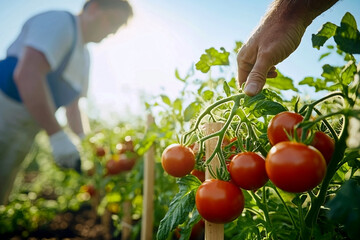 Organic tomatoes ready for summer harvest on the vine, perfect for banners, farm-to-table ads, or eco product branding.