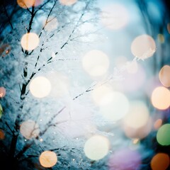 Christmas winter blurred background. wide screen holiday border, holiday festive background. Widescreen backdrop. New year Winter art design, Xmas tree with snow decorated with garland lights
