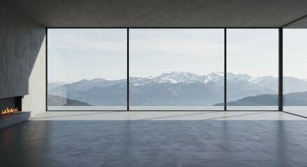 Naklejka premium Minimalist interior with a large window showcasing a snow-capped mountain range over water. Fireplace on left. Concrete floors