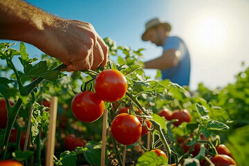 Organic tomatoes ready for summer harvest on the vine, perfect for banners, farm-to-table ads, or eco product branding.