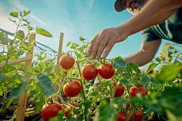 Organic tomatoes ready for summer harvest on the vine, perfect for banners, farm-to-table ads, or eco product branding.
