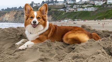 A playful brown and white border collie puppy and a domestic German shepherd dog with happy tongues out on the beach