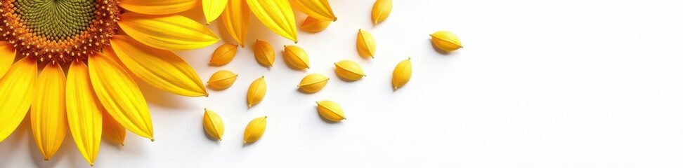 Obraz premium Scattered sunflower seeds, crisp detail, pure white backdrop, sunflower seeds, image