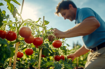 Sunlit landscape with tomato plants and green fields, perfect for farm blogs, agricultural posters