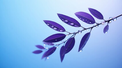 Fototapeta premium Purple leaves with water droplets against a pale blue sky.