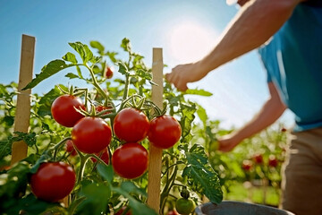 Sunlit landscape with tomato plants and green fields, perfect for farm blogs, agricultural posters