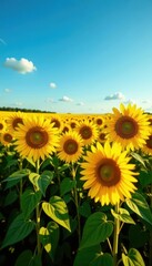 Fototapeta premium Sun-drenched sunflowers in vast field, blue sky, rural, sky