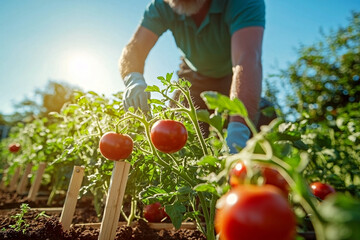 Sunlit landscape with tomato plants and green fields, perfect for farm blogs, agricultural posters