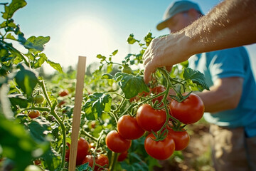 Sunlit landscape with tomato plants and green fields, perfect for farm blogs, agricultural posters