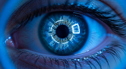 Macro of a human eye with a futuristic glowing interface, representing biometric scanning and digital identity.