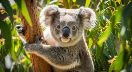 Fototapeta premium Koala clings to a tree branch surrounded by green leaves looking at the viewer