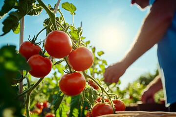 Sunlit landscape with tomato plants and green fields, perfect for farm blogs, agricultural posters