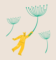 Woman flying with dandelions. Freedom concept. Colorful vector illustration