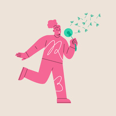 Woman blowing dandelions. Colorful vector illustration