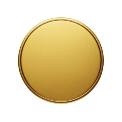 A perfectly circular vibrant gold metallic object with a textured finish and reflective rim, centrally against an immaculate white background, uniform shadowless lighting, high-angle UHD professional