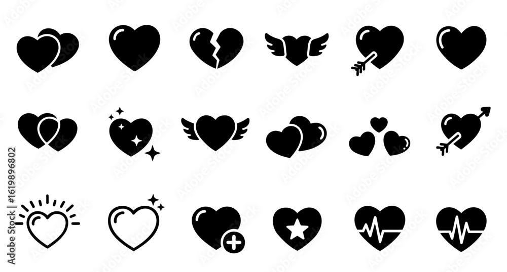 Poster silhouette vector collection of assorted heart icons in various styles and variations on transparent