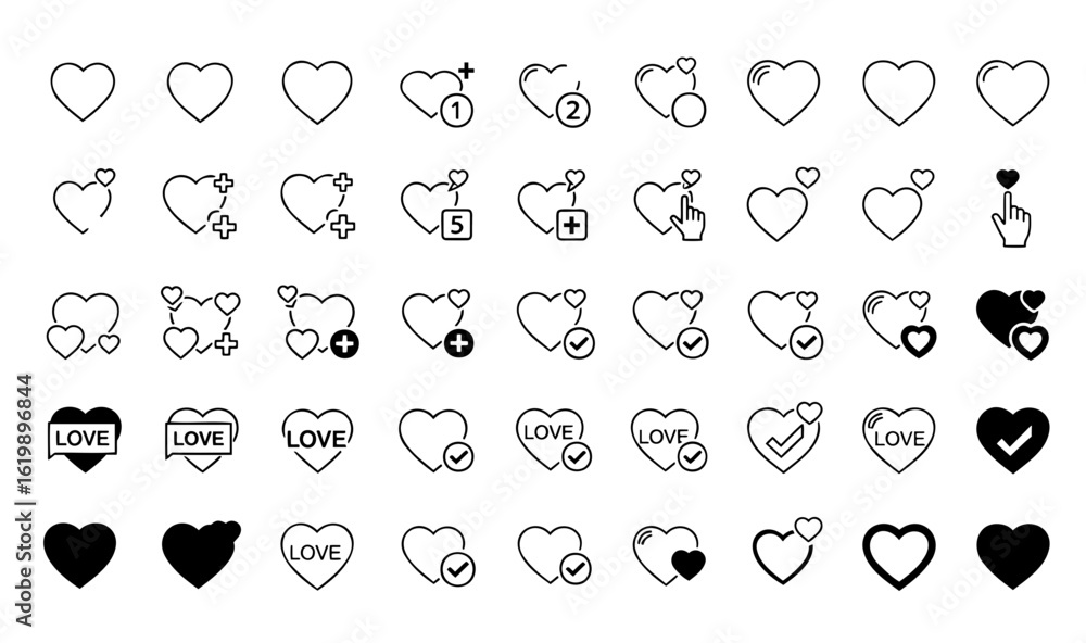 Poster silhouette vector collection of heart icons with variations in design and embellishments on transpar