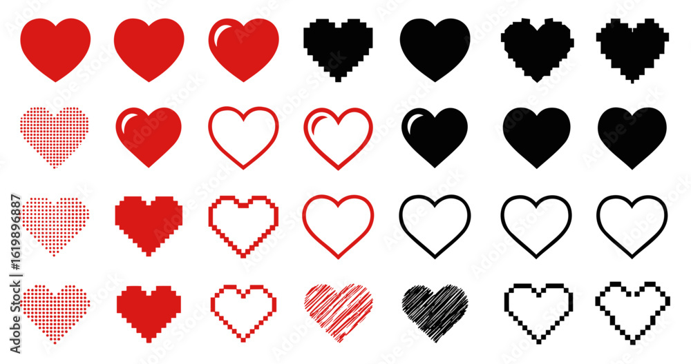Poster silhouette vector collection of heart illustrations in different styles and colors shown on transpar