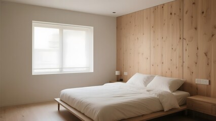 Minimalist Bedroom with Wooden Wall and Large Window