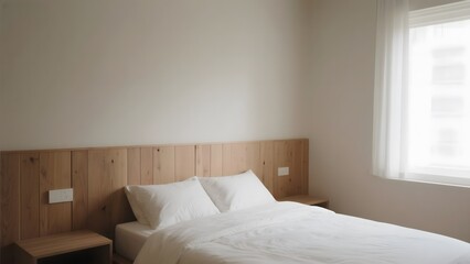Minimalist Bedroom with Wooden Headboard and Soft Lighting