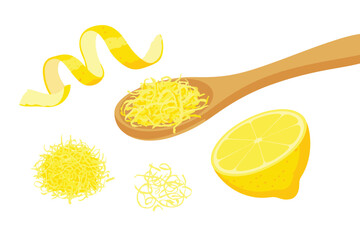 Fresh lemon zest and peel on a wooden spoon with half lemon
