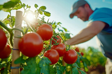Sunlit landscape with tomato plants and green fields, perfect for farm blogs, agricultural posters
