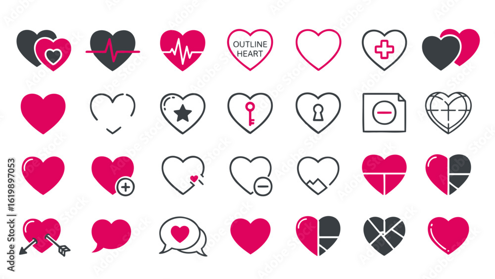 Poster silhouette vector illustration of various heart icons with different designs and styles on transpare