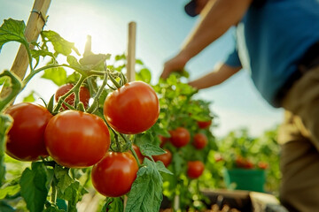 Sunlit landscape with tomato plants and green fields, perfect for farm blogs, agricultural posters