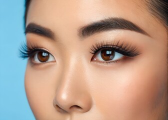 Fototapeta premium Close up of Asian woman eye with long eyelashes, perfect eyebrow shape and neutral eye makeup on blue background. Professional beauty concept.