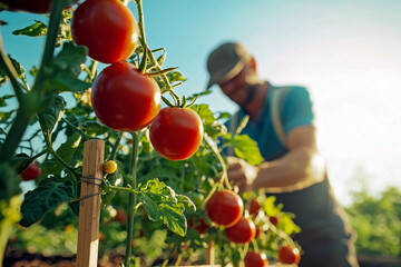 Sunlit landscape with tomato plants and green fields, perfect for farm blogs, agricultural posters
